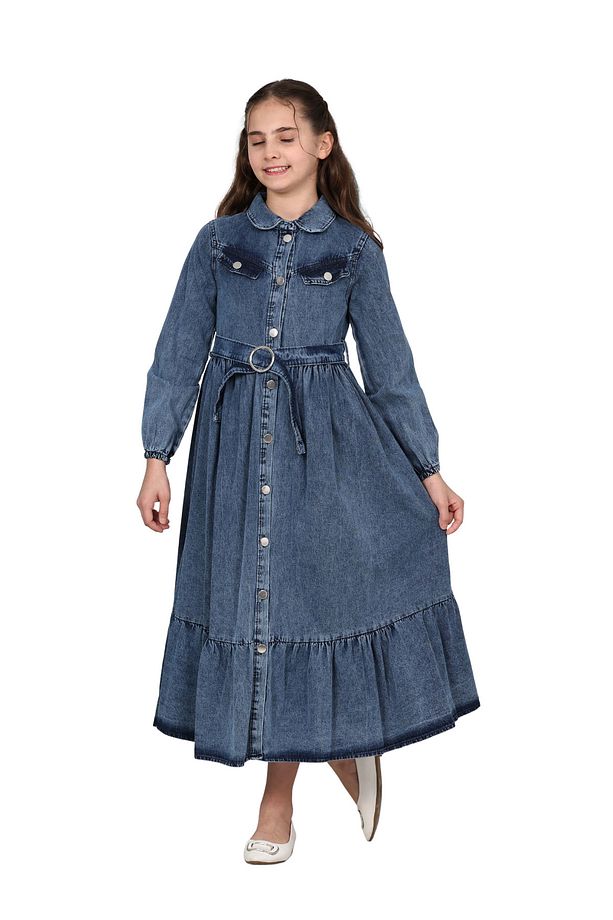 Kız Çocuk Kot Elbise  Denim Kumaş Pamuklu Uzun Kot Jean Elbise - 2