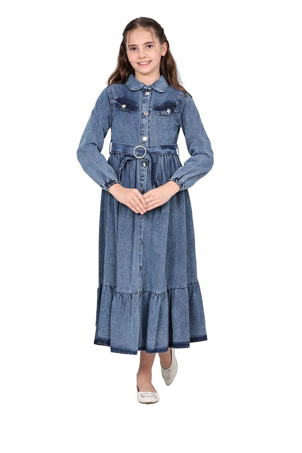 Kız Çocuk Kot Elbise  Denim Kumaş Pamuklu Uzun Kot Jean Elbise - 7