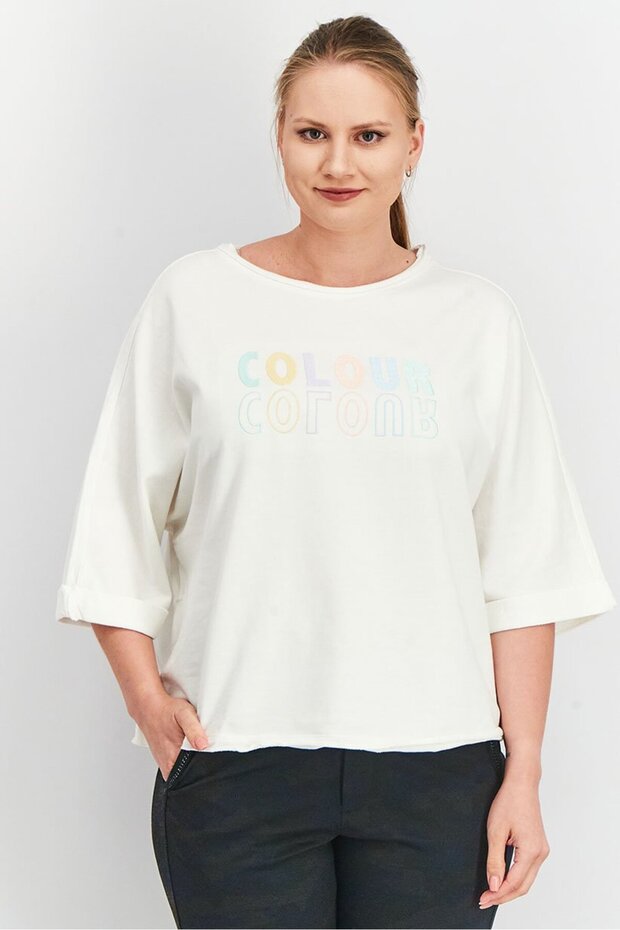 Women Embroidered 3/4 Sleeve Sweatshirt, White