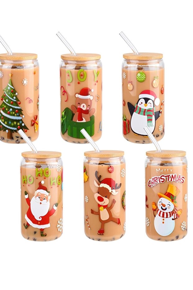1 Piece Christmas Heat Resistant Bamboo Lid Cup with Straw