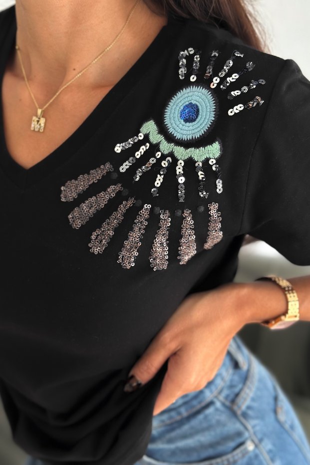 Women's Black V-Neck Shoulder Embroidery and Sequin Embroidered 100% Cotton T-Shirt