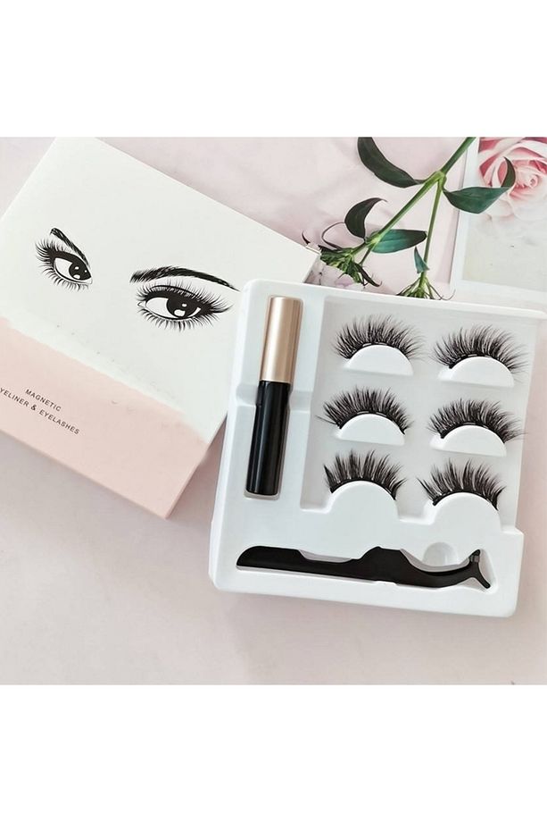 Manyetik Kirpik Mıknatıslı Kirpik Gerçek Görünümlü 3 Çift Eyeliner Cımbız Seti Takma Kiprik - 7