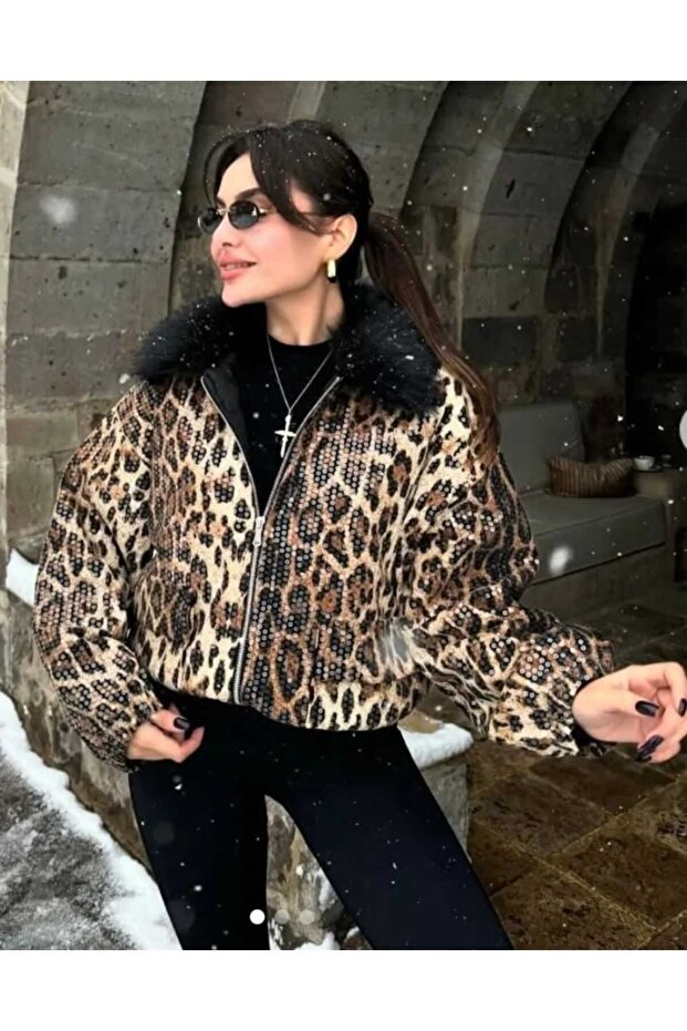 Pul Payetl İşlemeli Leopar Mont Ceket - 2