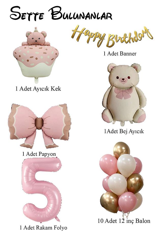 Retro 5 Yaş Ayıcık Temalı  Kız Bebek Konsept Doğum Günü Seti - 2