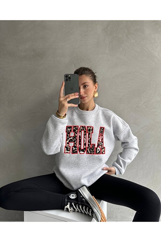 Kadın Hola Leopar Nakış Baskılı Şardonlu Basic Oversize Sweatshirt - 1