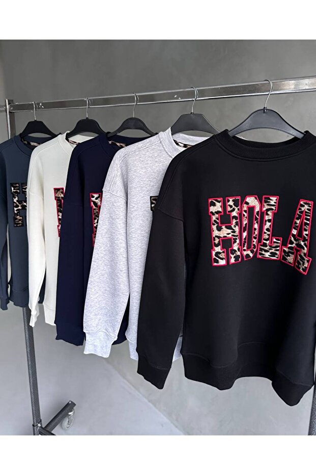 Kadın Hola Leopar Nakış Baskılı Şardonlu Basic Oversize Sweatshirt - 2