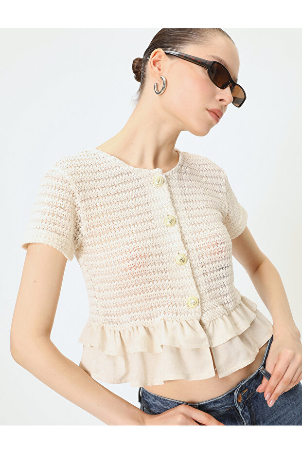 Frilly Crochet Cardigan Short Sleeve Round Neck Gold Buttoned