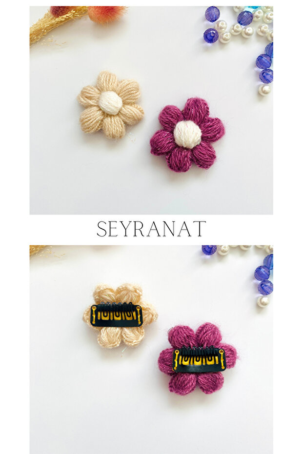 2-Piece Beige and Rose Dried Glitter Knitted Daisy Pattern Snap Clip Newborn Hairless Baby Buckle
