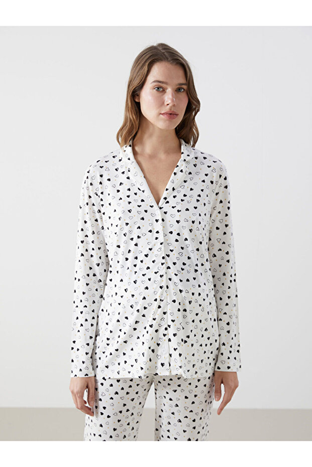 Ekru Gömlek Yaka Baskılı Hamile Pijama Takımı - 2