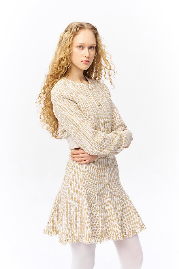 Beige Gray Short Jacket - Gold Button - 5