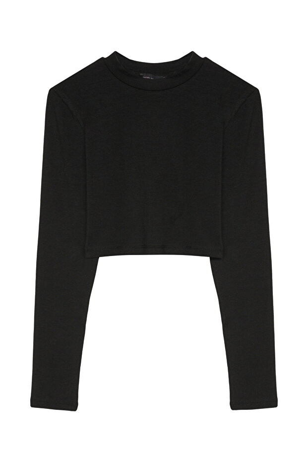 Crew Neck Long Sleeve Basic Crop Blouse Black - 2