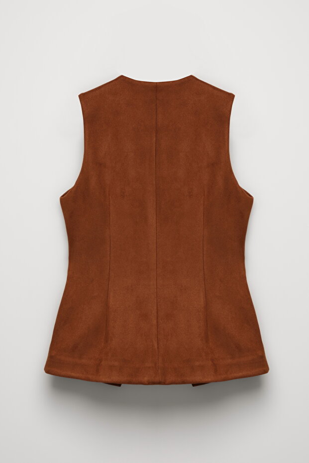 Düğmeli Süet Yelek Taba - 4