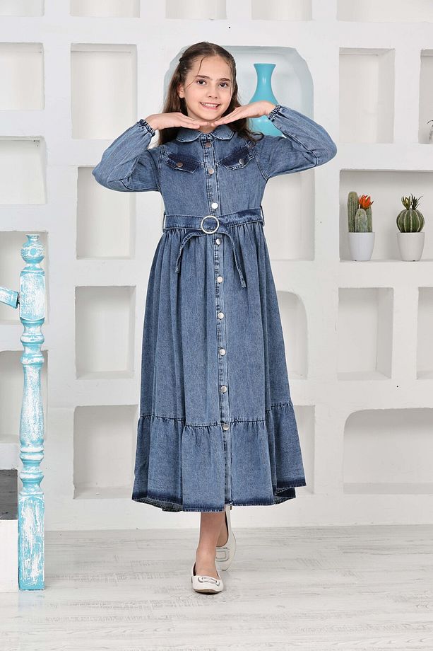 Kız Çocuk Uzun Denim Kot Elbise - 4