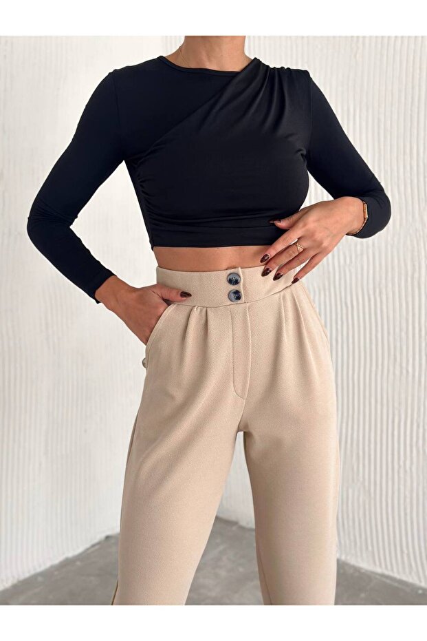 Pants with Crepe Ornament Button with Button with Elastic Waist - 1