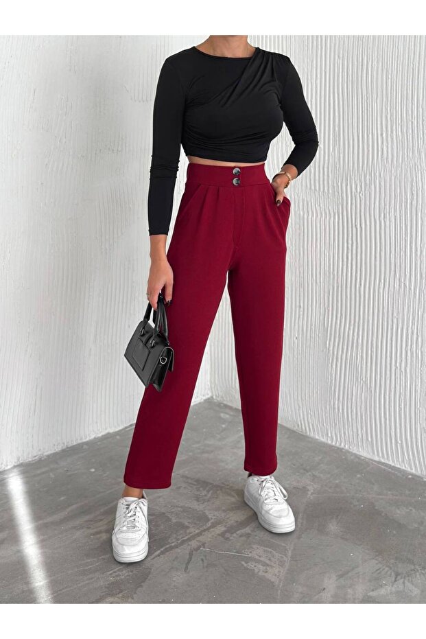 Pants with Crepe Ornament Button with Button with Elastic Waist - 1
