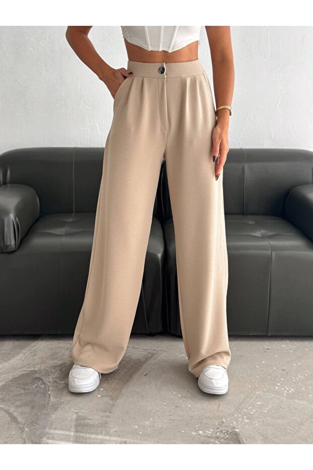 Palazzo Pants with Wide Legs and Elastic Waist with Buttons - 1