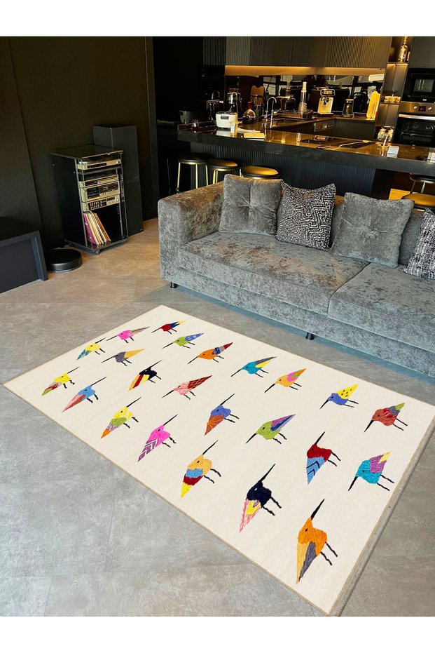 Crescent Collection Multicolored Cute Birds Detailed Woven Base Decorative Carpet Hilal36