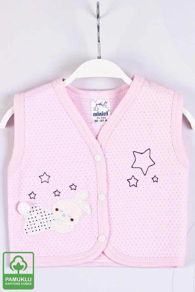 Baby Girl Sleeping Rabbit Embroidered Organic Cotton 1-3-6-9 Months Quilted Baby Vest - Pink