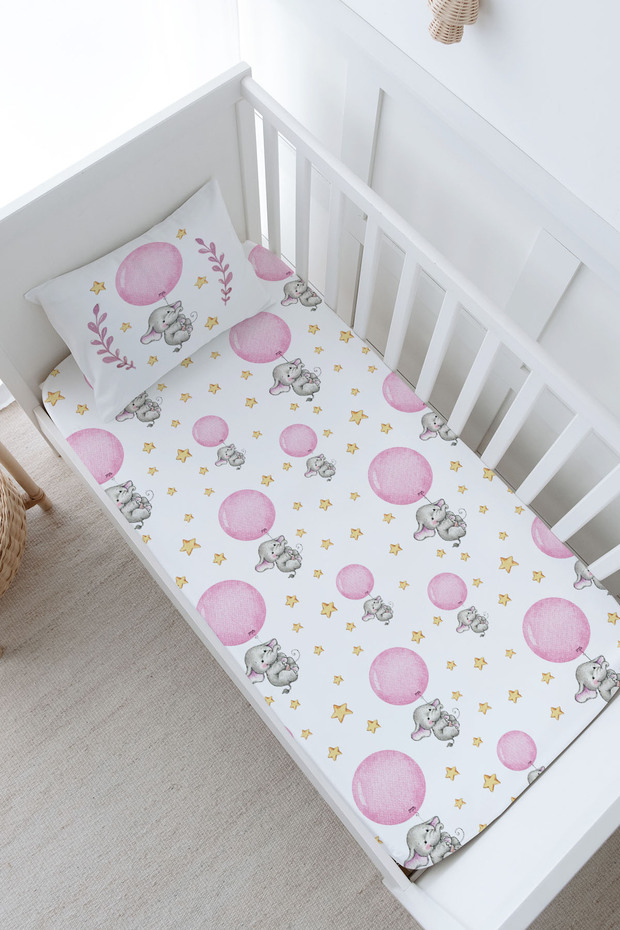 Baby Size Elastic Sheet Set - for Baby Series - Pink Big Balloon Elephant