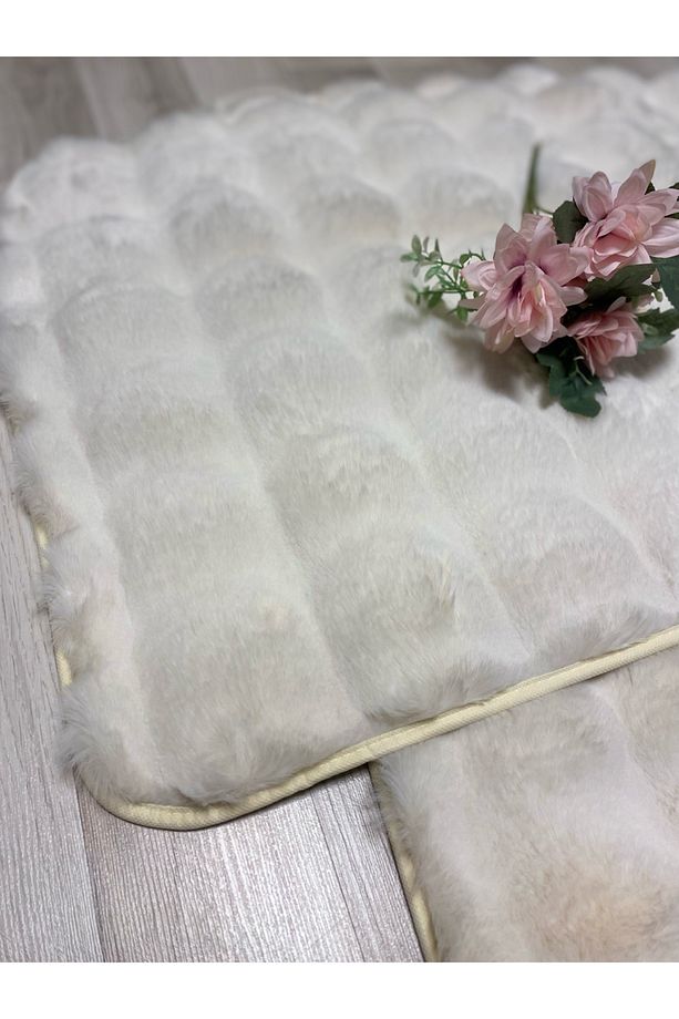 Bubble Tavşan Tüyü, Kaymaz Taban, Pofuduk, Ultra Lüks, Yıkanabilir 2'li Banyo Paspası Ekru - 3