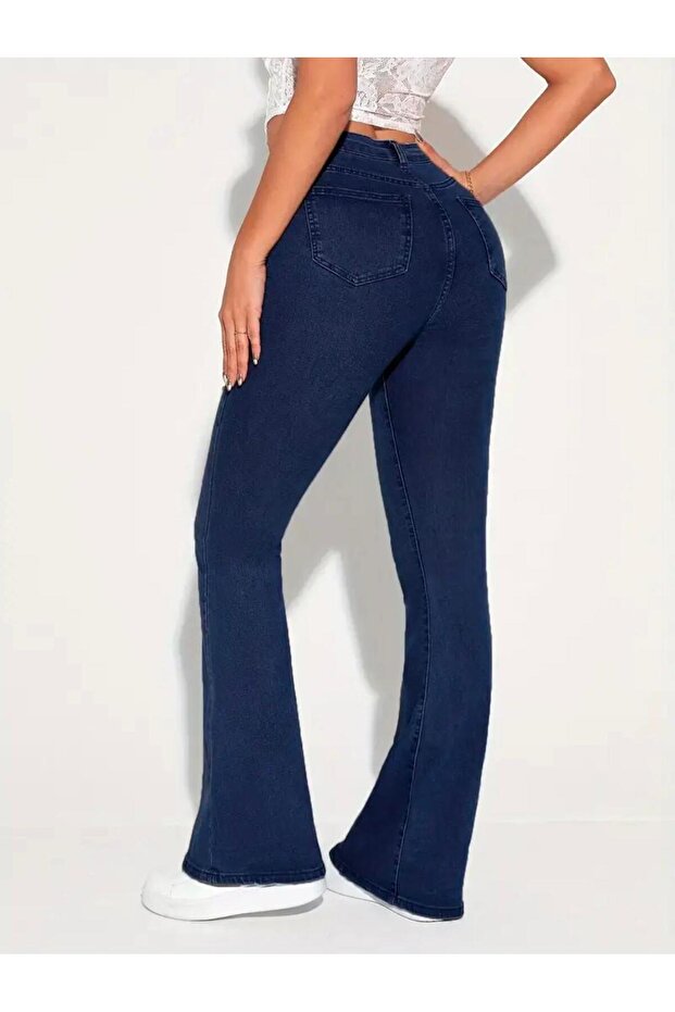 Flared Jeans Dark Blue Fade-Resistant Denim Pants Power Lycra High Waist