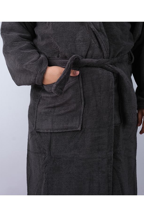 Antrasit Renkli %100 Pamuk Bukle Kapüşonlu Model Bornoz (S-M-L-XL-2XL-3XL-4XL) Büyük ve Battal Beden - 2
