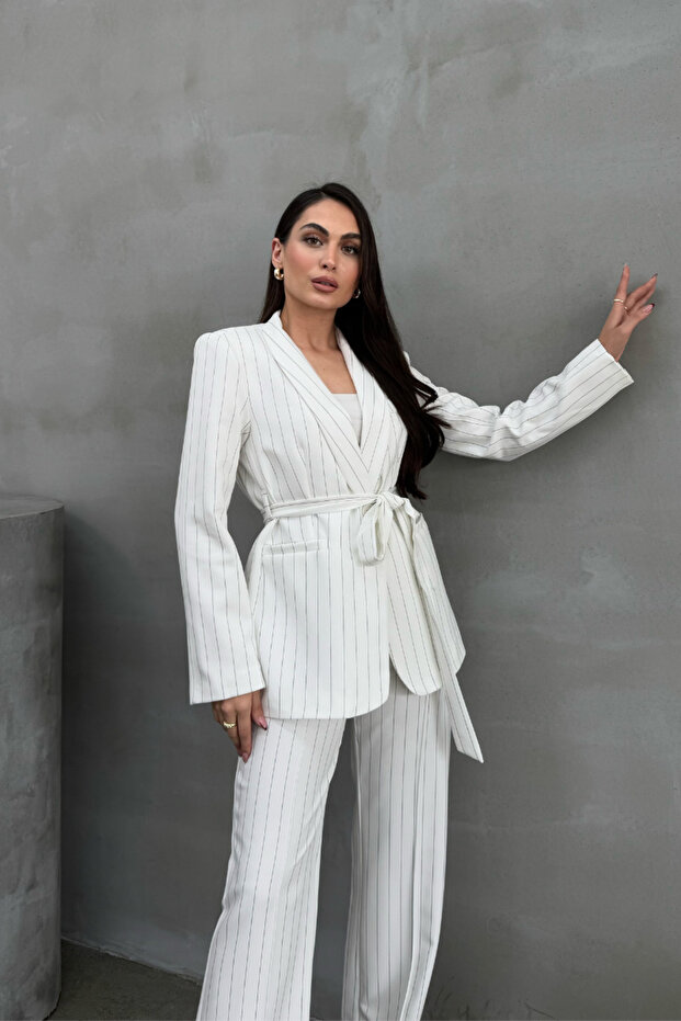 Women's Striped Belted Blazer Jacket and Trousers Set White