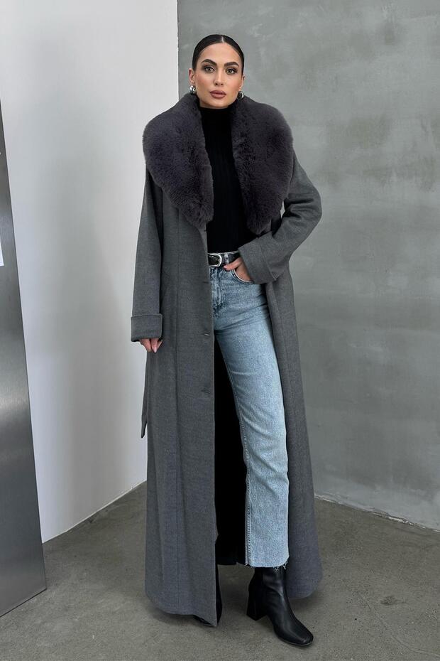 Detachable Fur Men's Collar Waist Belted Coat Dark Gray 3015-Y