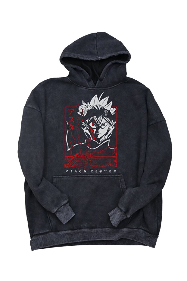 Unisex Black Clover Written Hooded Washable Sweatshirt, Oversized Anime Printed Retro Hoodie