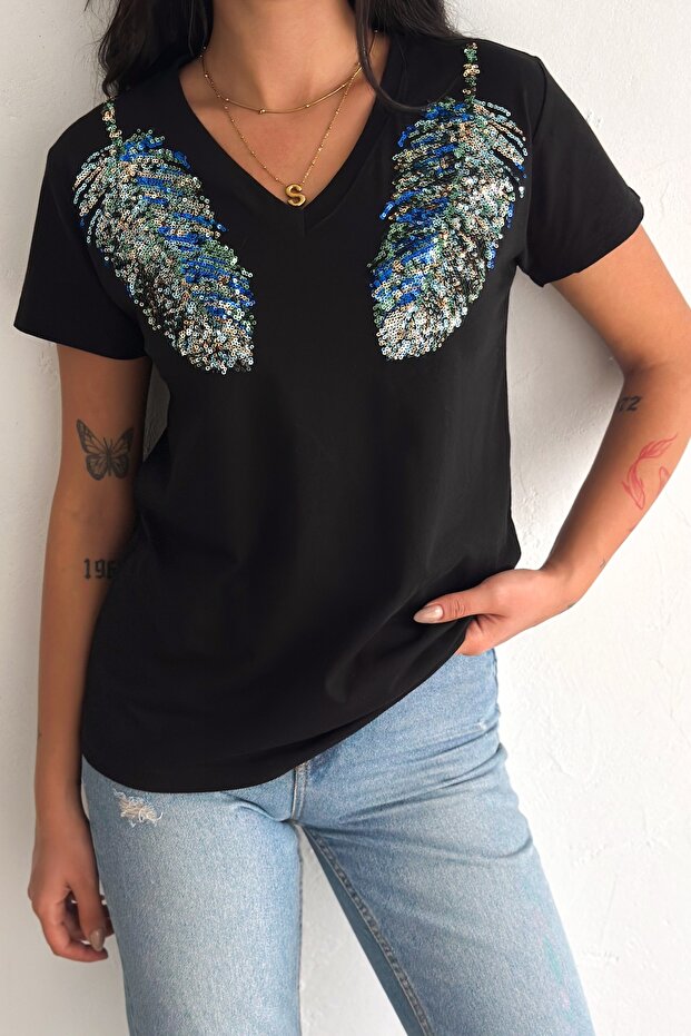 Women's Black V-Neck Shoulder Leaf Sequin Sequin Embroidered 100% Cotton T-Shirt