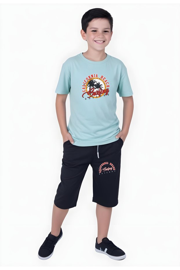Surfing Printed Boys' Short Sleeve Double Pocket Capri Bottom-Top Suit