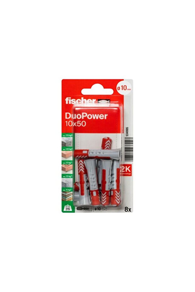 مثبت جداري عالمي DuoPower 10 × 50، مثبت نايلون رمادي/أحمر مكون من جزأين، مثقاب 10 مم، مسمار تثبيت 50 مم، مضاد للدوران للخرسانة والطوب والجبس والخرسانة الخلوية والبلوكات المجوفة
