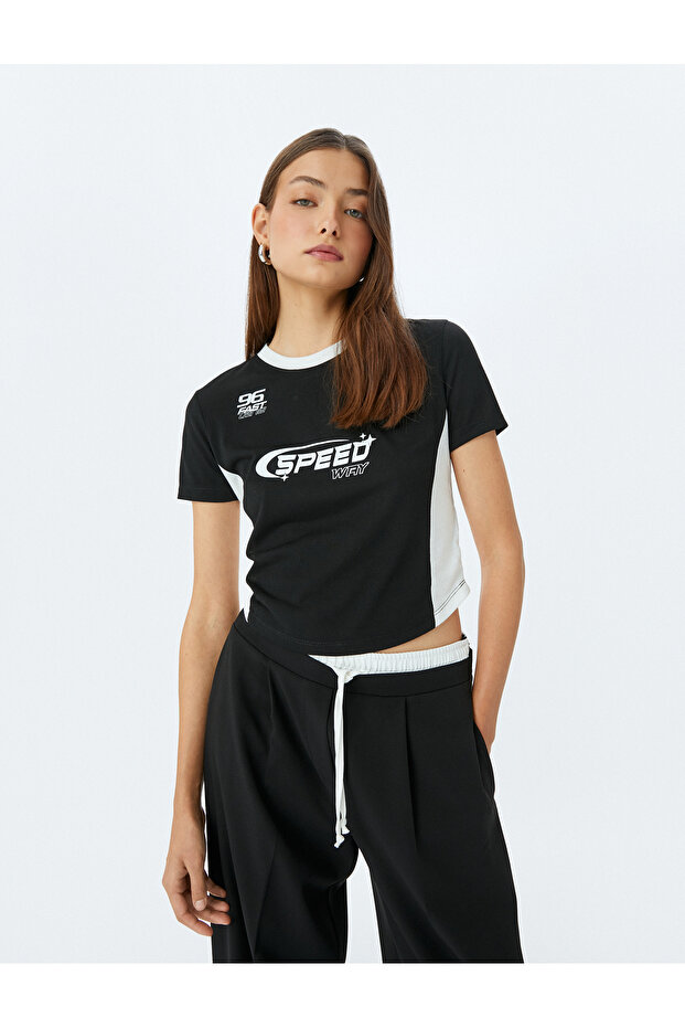 Crew Neck Slogan Printed Ribbed Short Sleeve Slim Fit T-Shirt