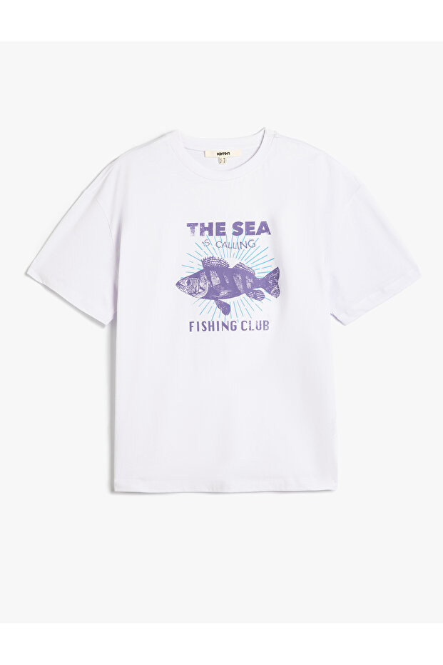 Cotton Short Sleeve Crew Neck Fish Print T-Shirt