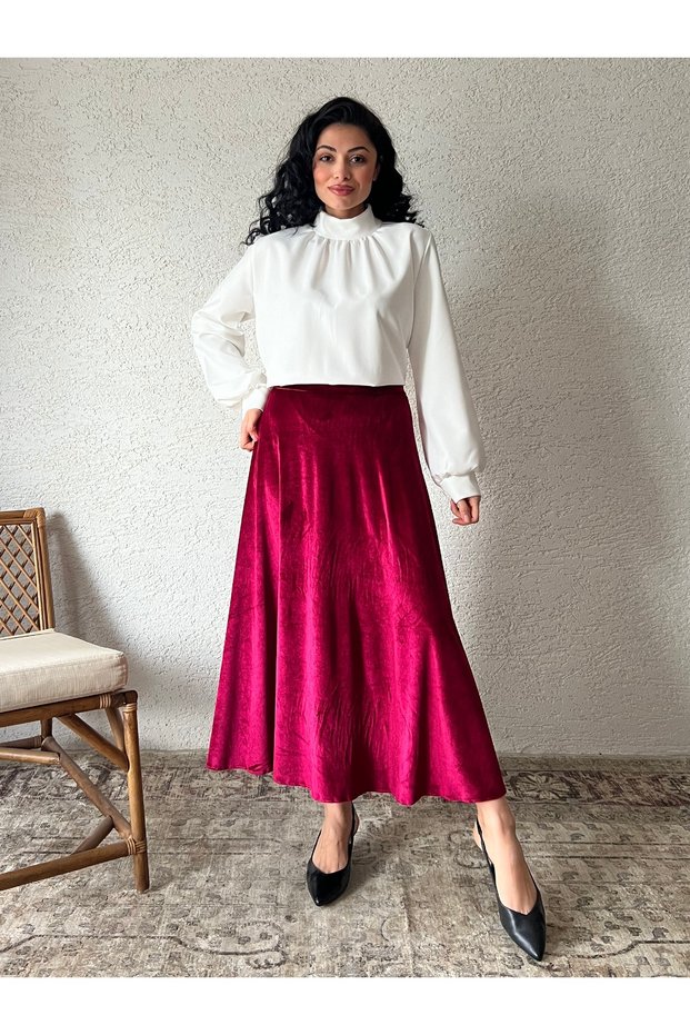 Burgundy Velvet Flared Skirt