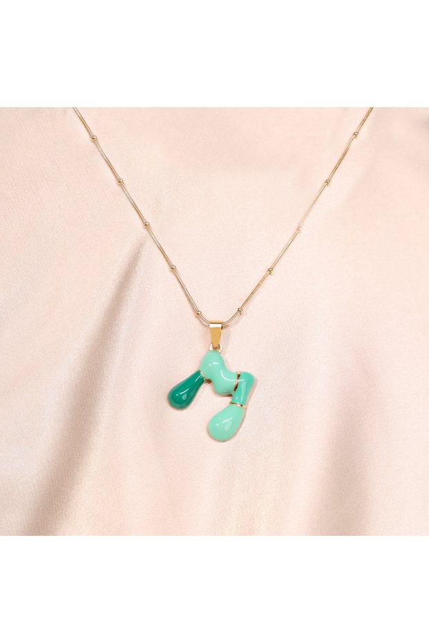 Steel Women's Necklace, Gold Color Letter Necklace, Mini Bead Detail, No:97A