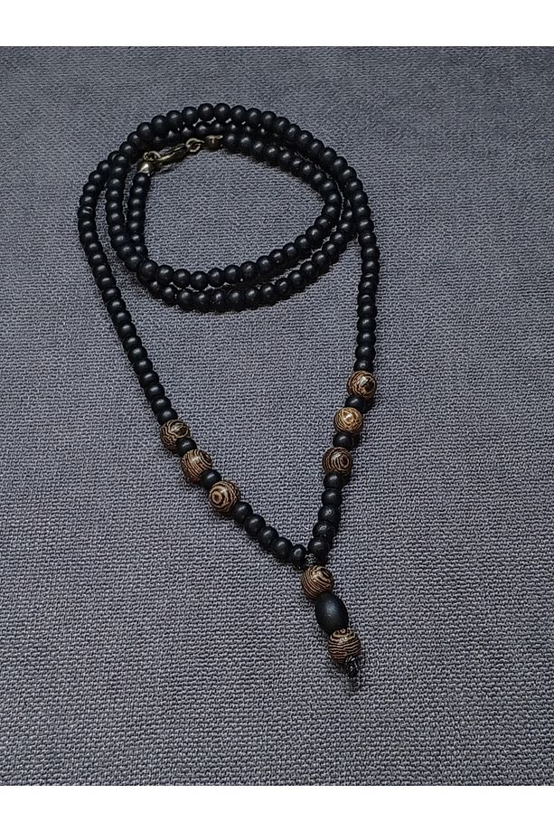 EL YAPIMI - ÖZEL TASARIM, MAT SİYAH ONIX VE VENGE AHŞAP BONCUKLU, BOHEM KOLYE - 5