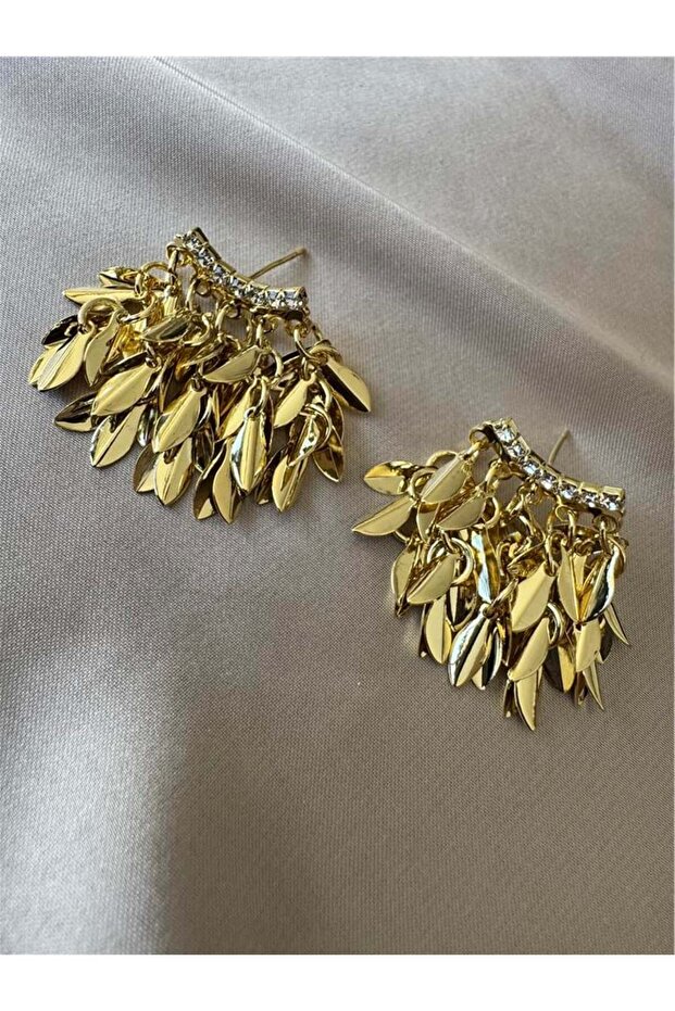 Gold Taşlı Saçak Pullu Küpe - 1