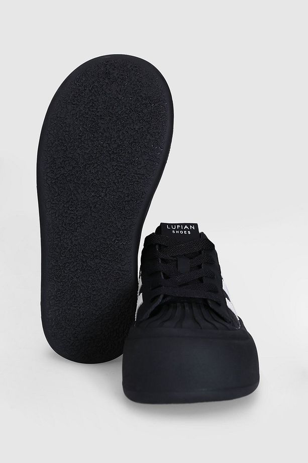 Hakiki Deri Bağcıklı yüksek Taban Kadın Sneaker Ayakkabı Siyah - 4