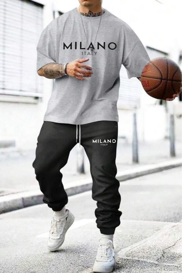 Men's Grimelange Milano Printed T-Shirt Black Tracksuit Bottom Top Set