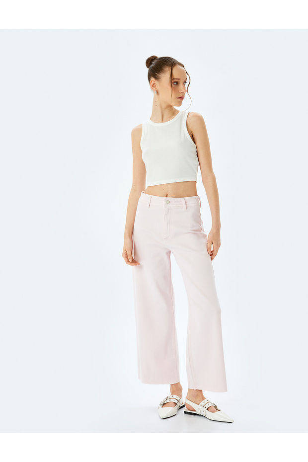 Cotton Wide Fit Pockets Button Crop Wide Leg Denim Pants - Culotte Jean