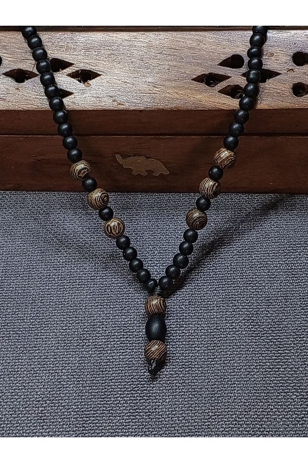 EL YAPIMI - ÖZEL TASARIM, MAT SİYAH ONIX VE VENGE AHŞAP BONCUKLU, BOHEM KOLYE - 4