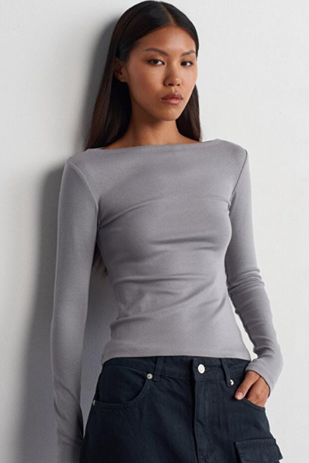 Painted Grey Boat Neck Long Sleeve Women Blouse Mg2267