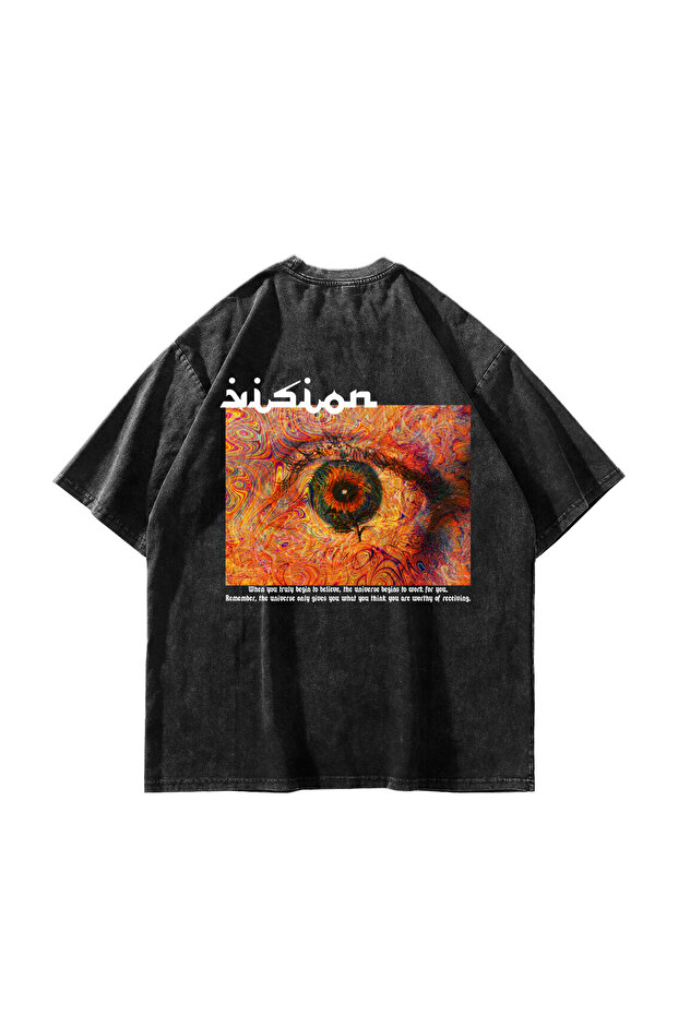 تيشيرت أسود كبير الحجم مطبوع من Vision مقاس 24/1 قابل للغسل