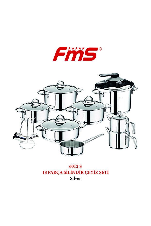 Silindir 18 Parça Çeyiz Seti | 18/10 Çelik | Silver Kapaklı | Kalın Taban - 1