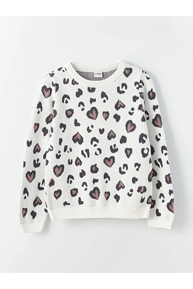 Lcw Kids Ekru Bisiklet Yaka Desenli Uzun Kollu Kız Çocuk Triko Kazak - 1