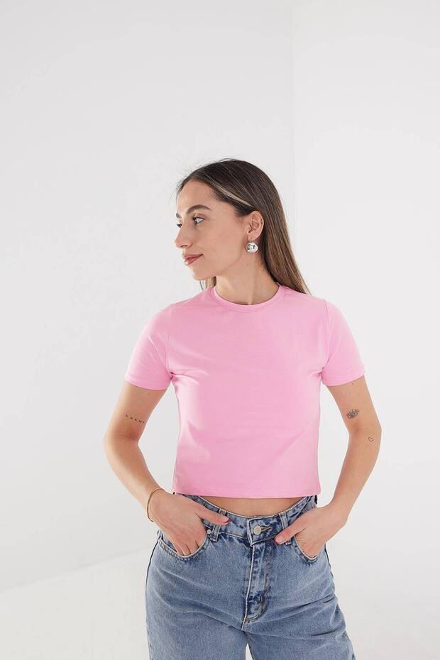 Bisiklet Yaka Basic Crop T-shirt P0102-F1 - 3