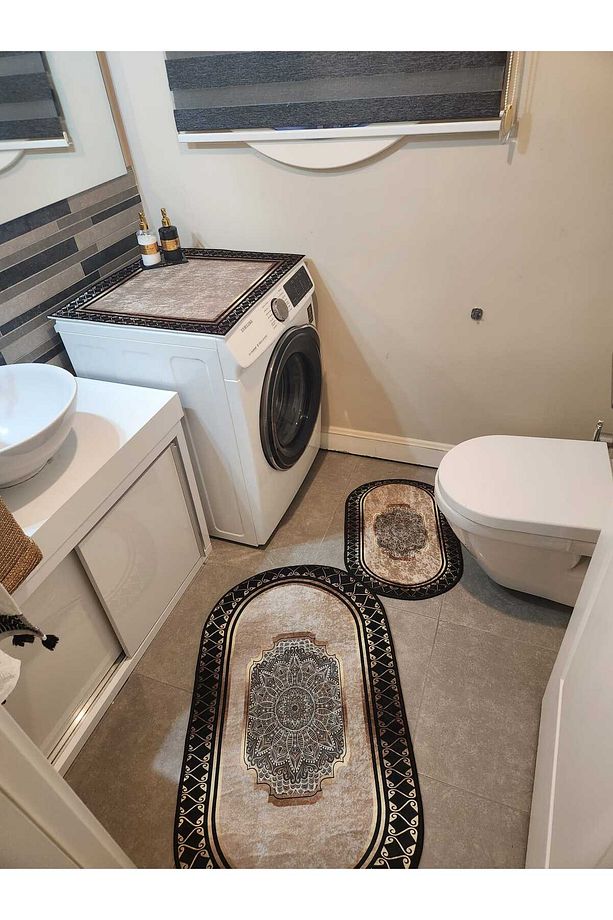 Dekoratif Yıkanabilir Kaymaz Dot Taban 3'lü Banyo Paspası ve Makine Matı Seti - 2