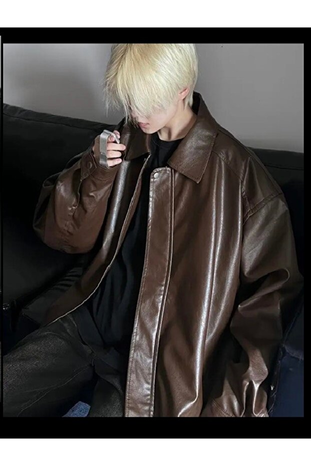 Unisex Oversize Bomber Deri Ceket - 1