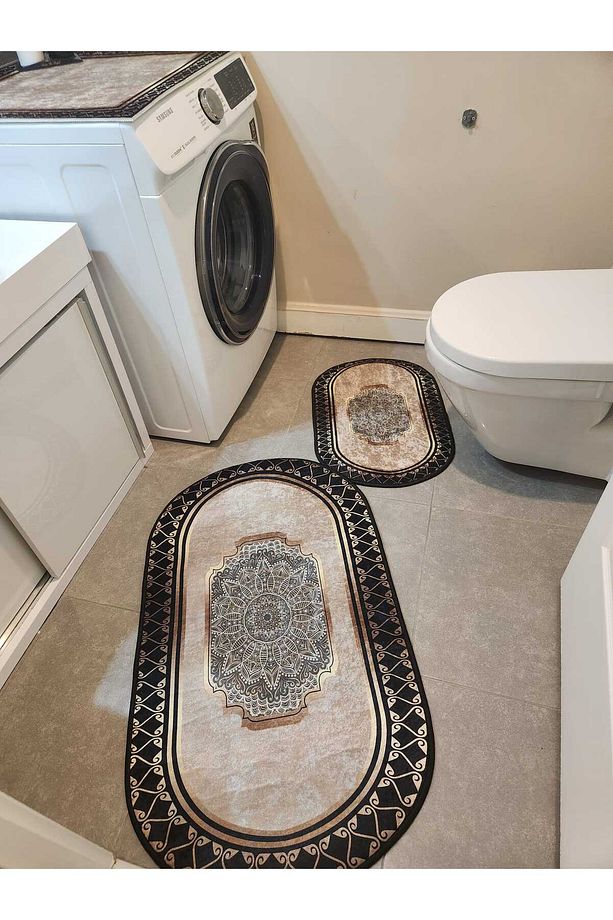 Dekoratif Yıkanabilir Kaymaz Dot Taban 3'lü Banyo Paspası ve Makine Matı Seti - 3